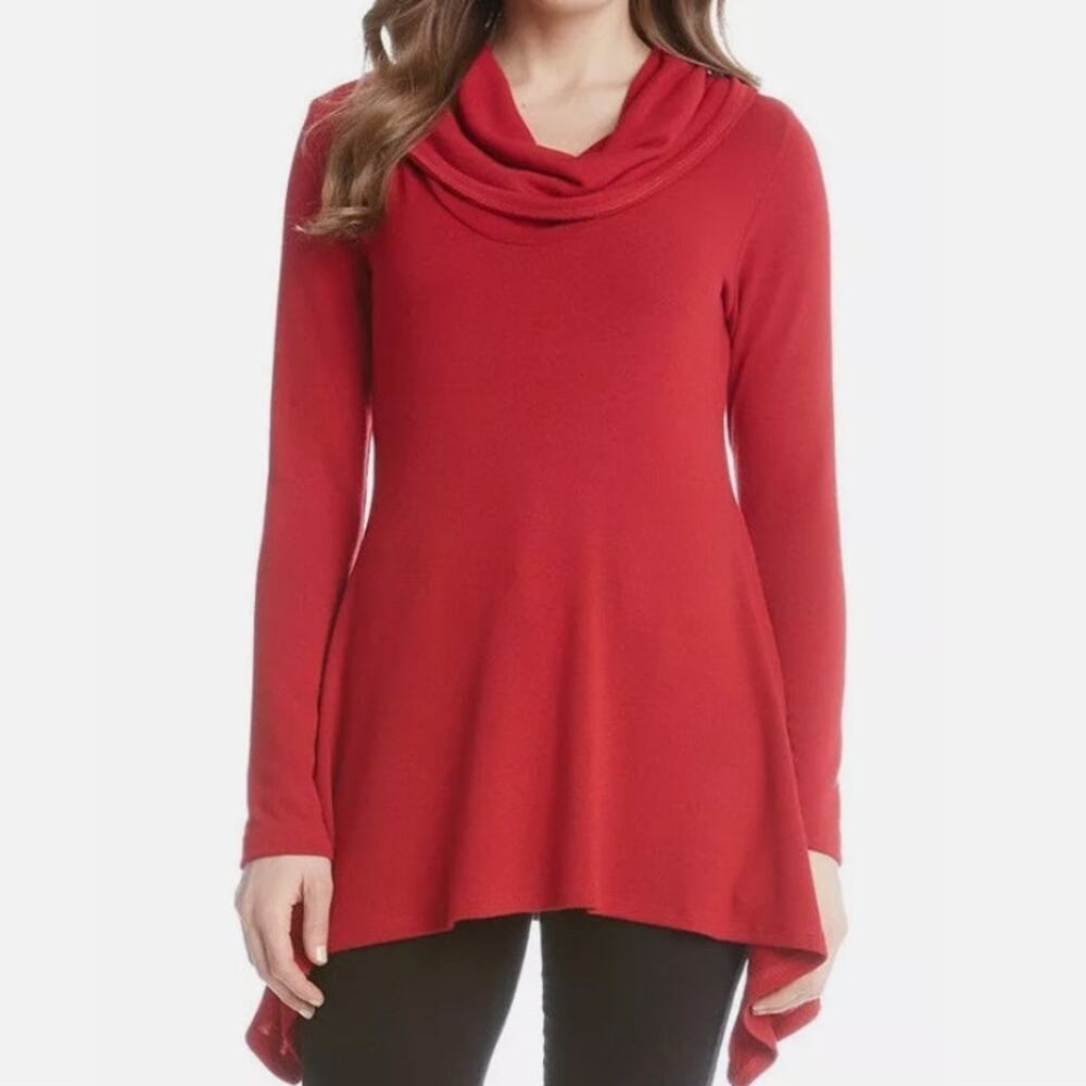 Karen Kane Red Cowl Neck Handkerchief Asymmetric Hem Tunic Sweater Womens Small